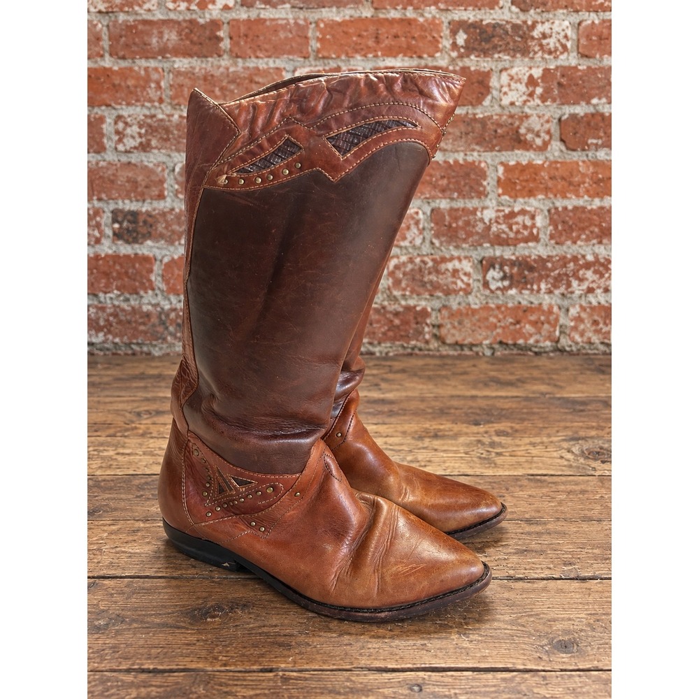 Vintage Leather Studded Cowboy Boots Western Boho Cowgirl 6.5 Festival Retro